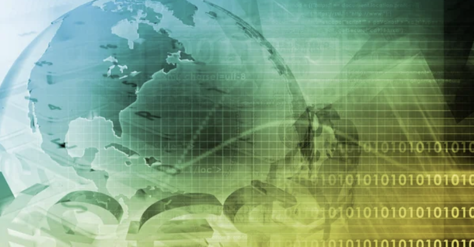 Illustration of a globe with the Americas overlaid with a digital grid and binary code